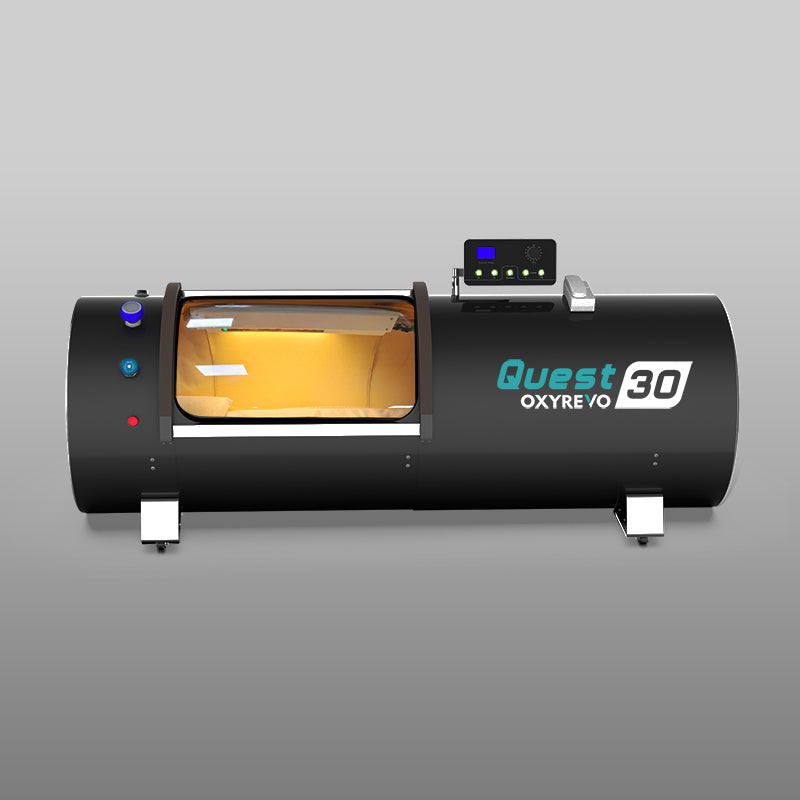 Front view of OxyRevo Quest 30 1.5 ATA Hyperbaric Chamber Black version.