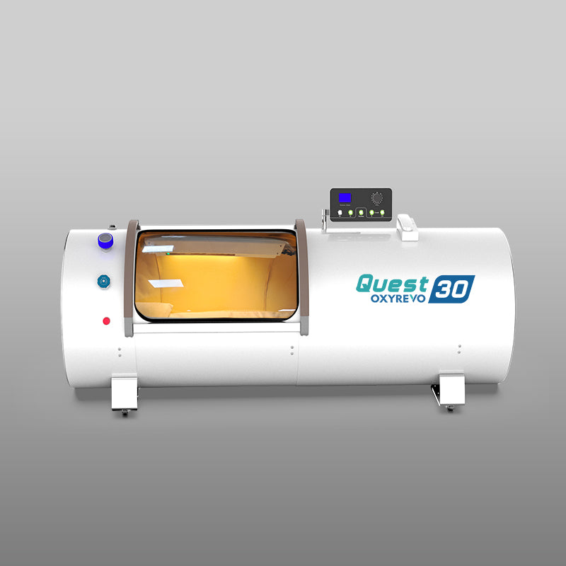 Front view of OxyRevo Quest 30 1.5 ATA Hyperbaric Chamber White version.