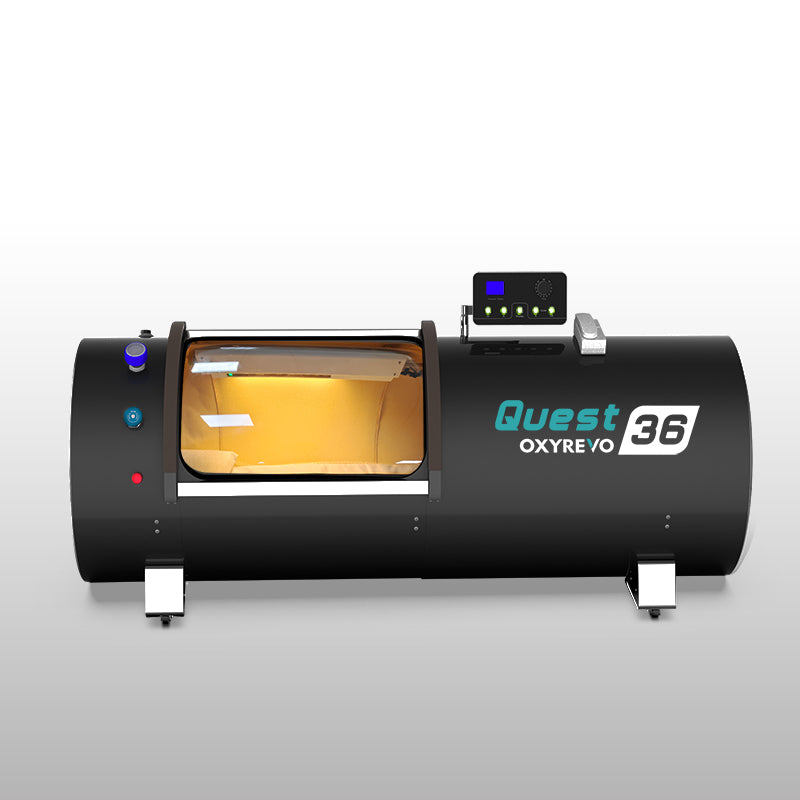 Front view of OxyRevo Quest 36 1.5 ATA Hyperbaric Chamber Black version.