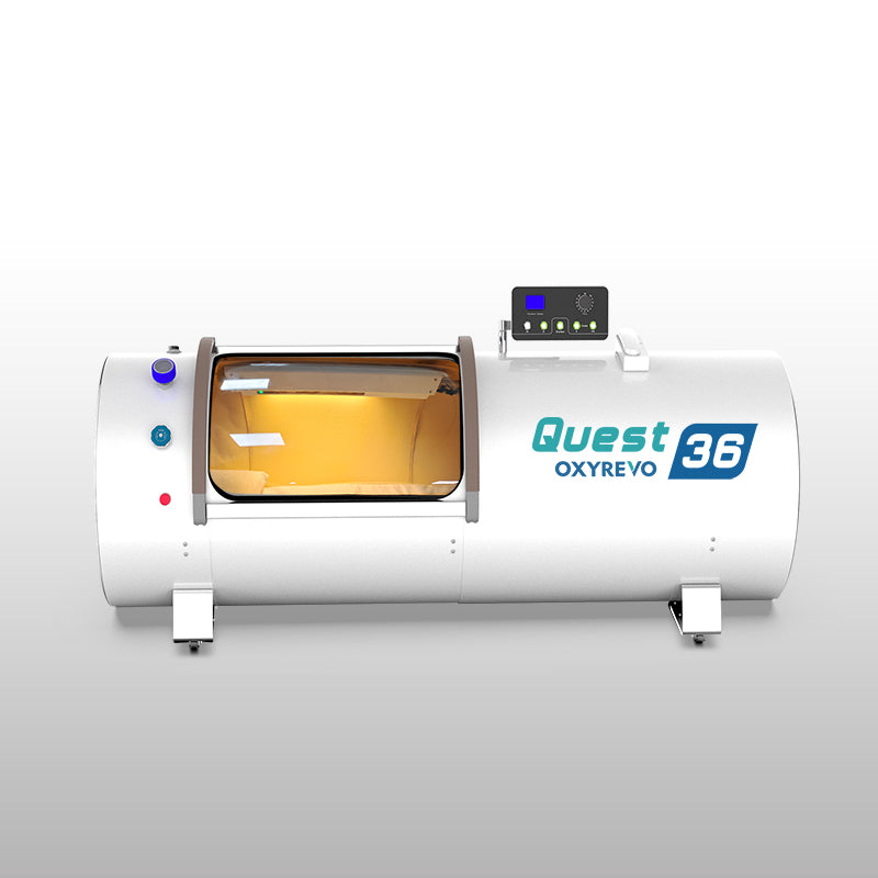 Front view of OxyRevo Quest 36 1.5 ATA Hyperbaric Chamber White version.