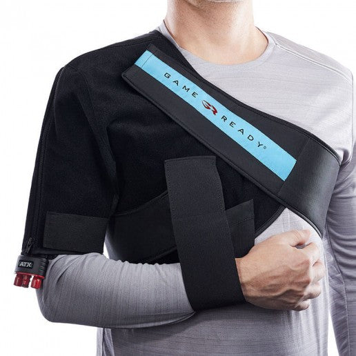 A man using Game Ready Cold and Compression Therapy Shoulder Wrap.