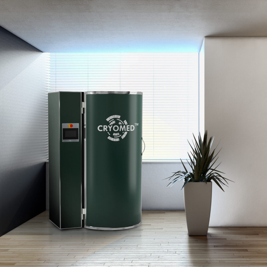 Cryomed Mini Cryosauna green shell version installed in a living room.