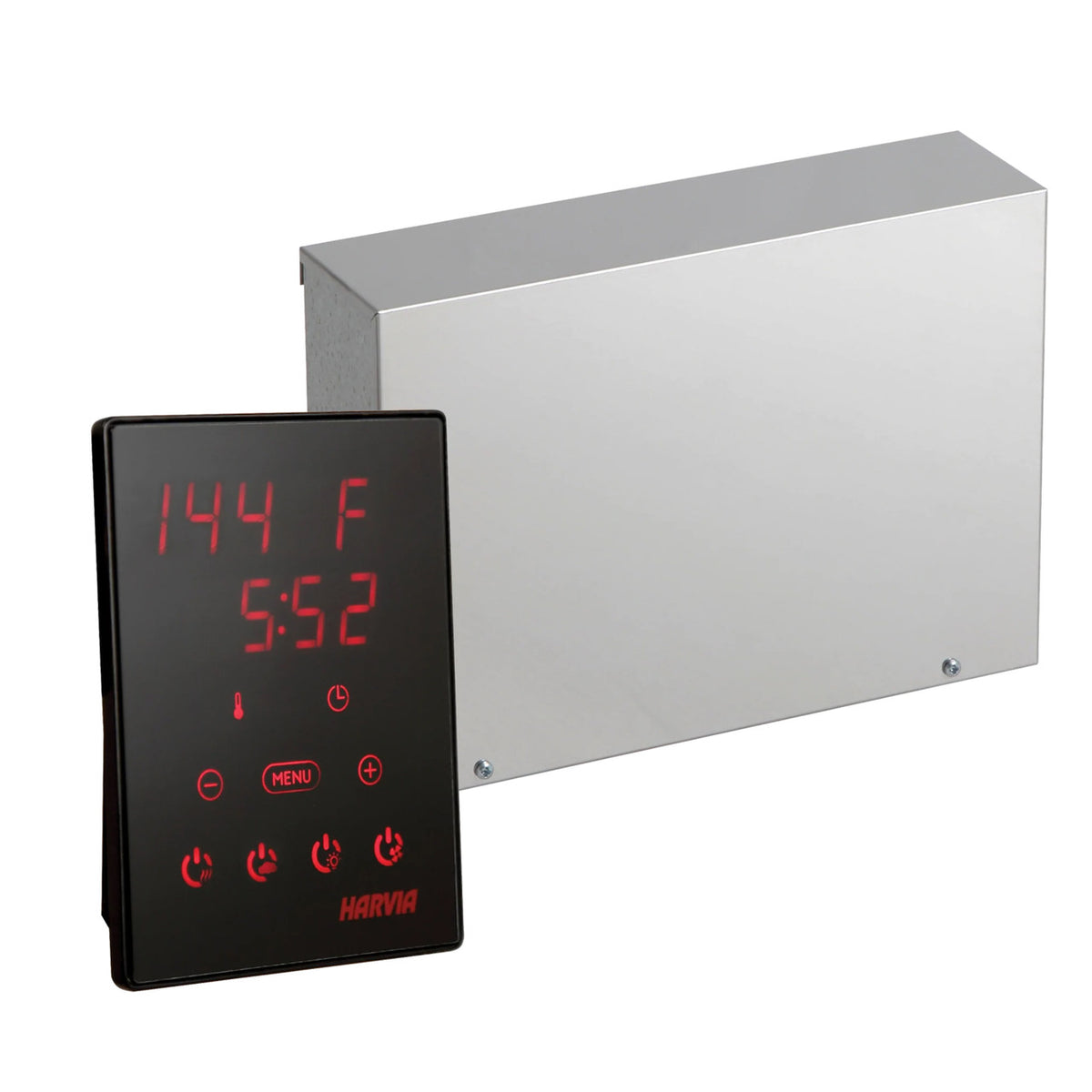 WiFi Remote Control Panel of Harvia Cilindro Electric Sauna Heater with temperature and time display.