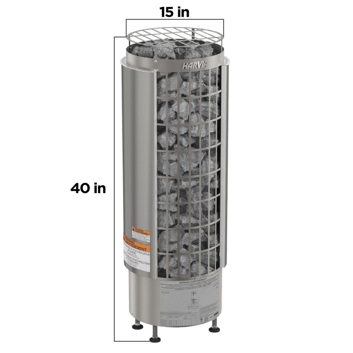 Harvia Cilindro Electric Sauna Heater with dimensions labeled, providing size reference. 