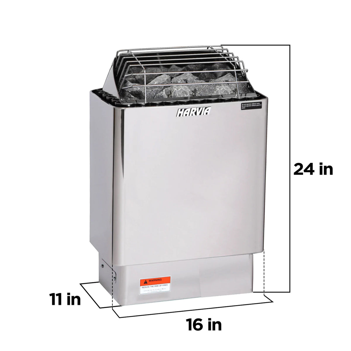 Harvia KIP Electric Sauna Heater 4.5 kW with dimensions labeled, showing height, width, and depth for installation reference.