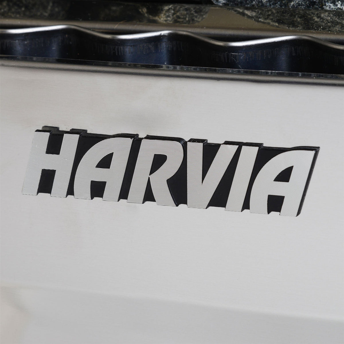 Close-up view of the brand logo of a Harvia KIP Electric Sauna Heater Stove 8 kW.