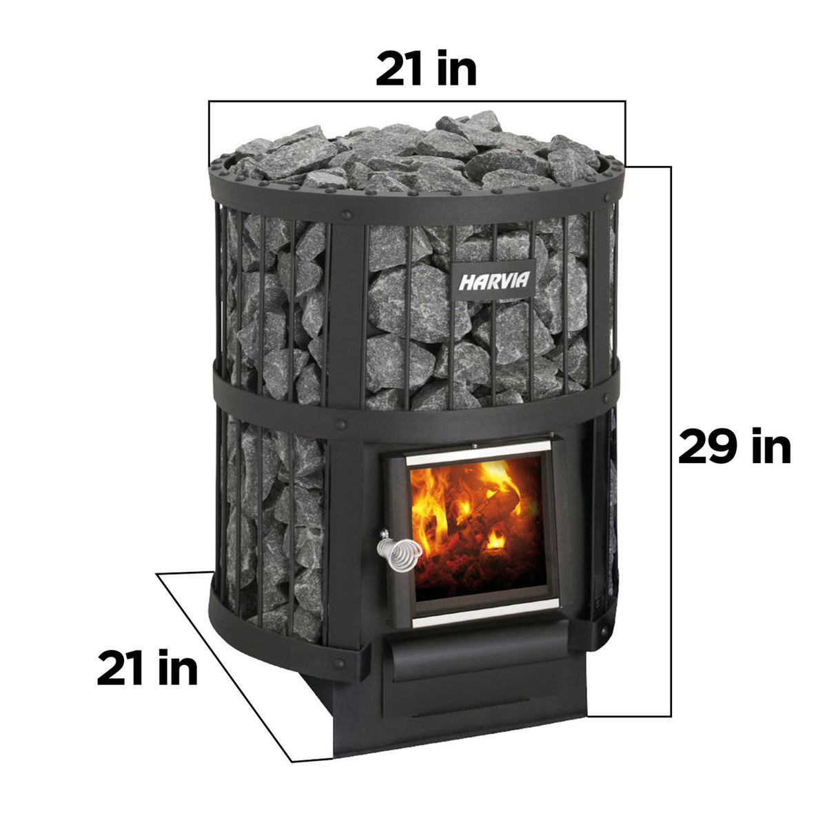 Dimensions of Harvia Leyend 150 Wood Burning Sauna Heater and Chimney Kit.