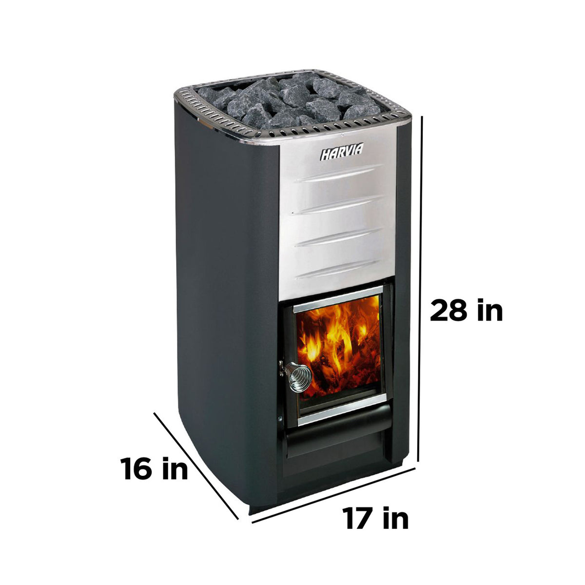 Dimensions of Harvia M3 Wood Burning Sauna Heater and Chimney Kit.