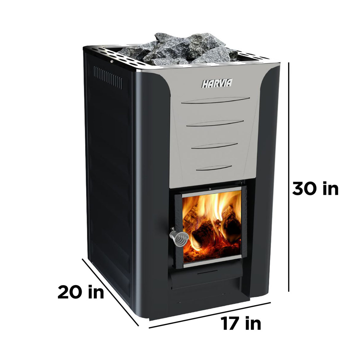 Dimensions of Harvia Pro 20 Wood Burning Sauna Heater and Chimney Kit.