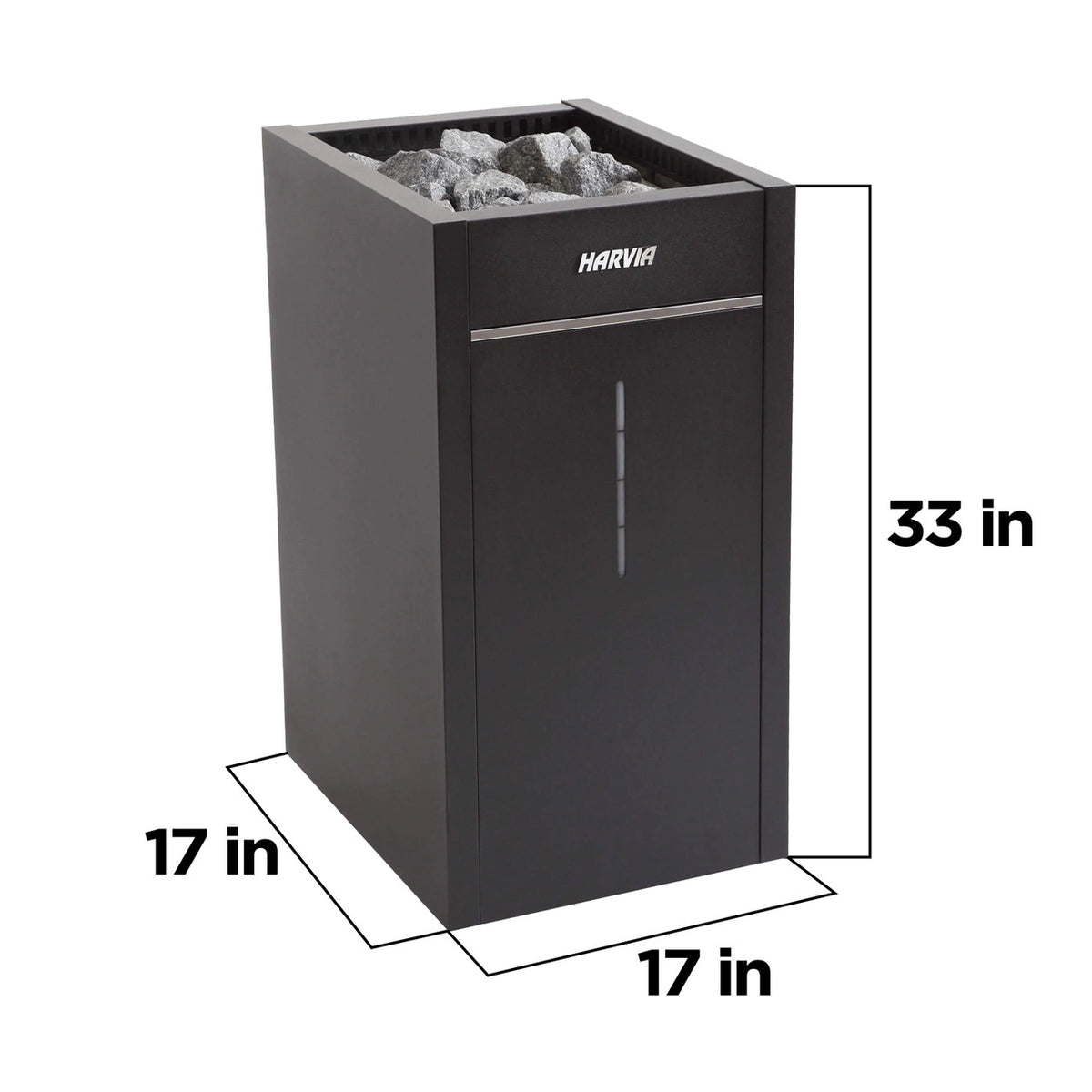 Harvia Virta Electric Sauna Heater with WiFi Remote Control Panel and 10.5 kW power dimensions graphic showing height and width in inches.