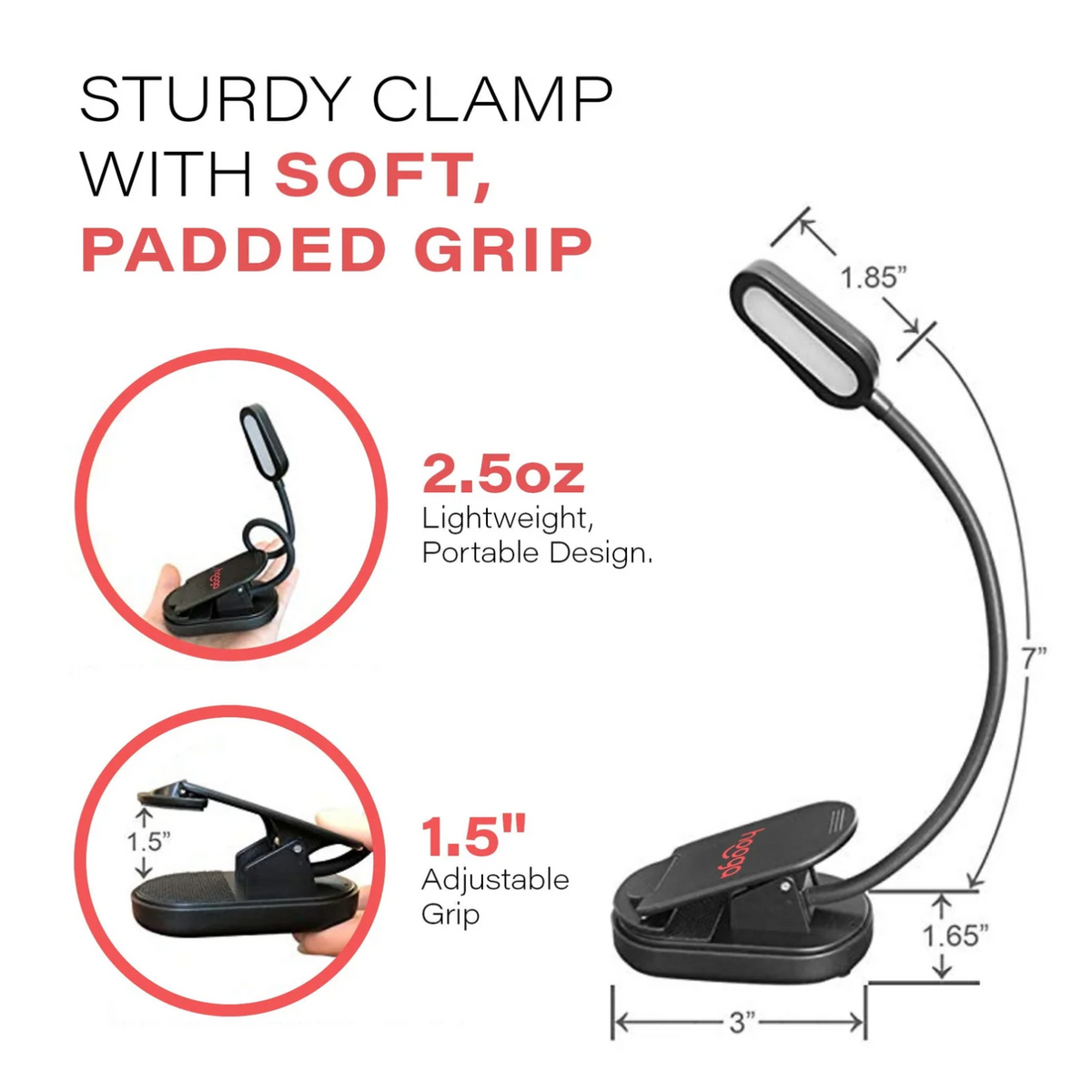 Dimensions of Hooga Amber Clip-On Book Light.