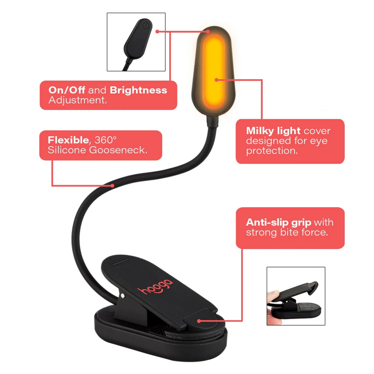 Features of Hooga Amber Clip-On Book Light, including on/off and brightness adjustment, flexible 360 silicone gooseneck, milky light cover designed for eye protection, and anti-slip grip with strong bite force.