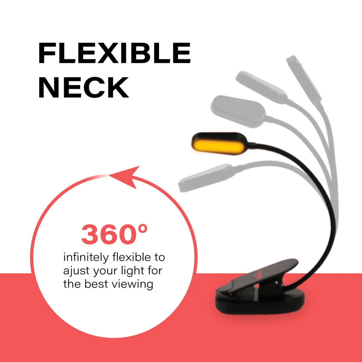 Flexible neck of Hooga Amber Clip-On Book Light.