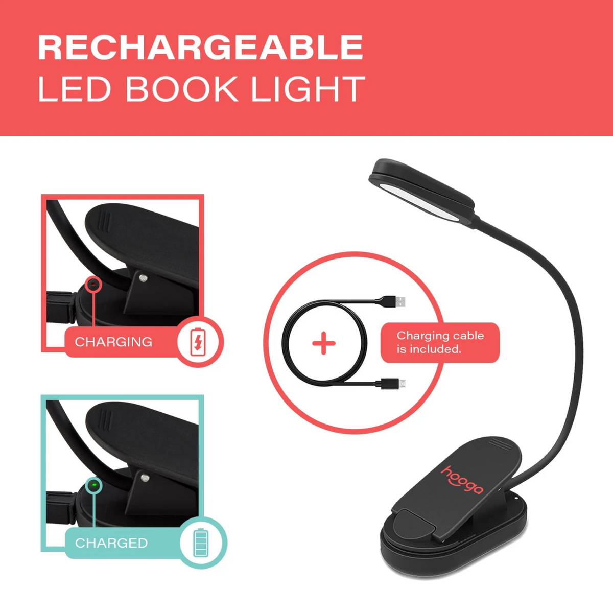 Features of Hooga Amber Clip-On Book Light, including being rechargeable and including a charging cable.