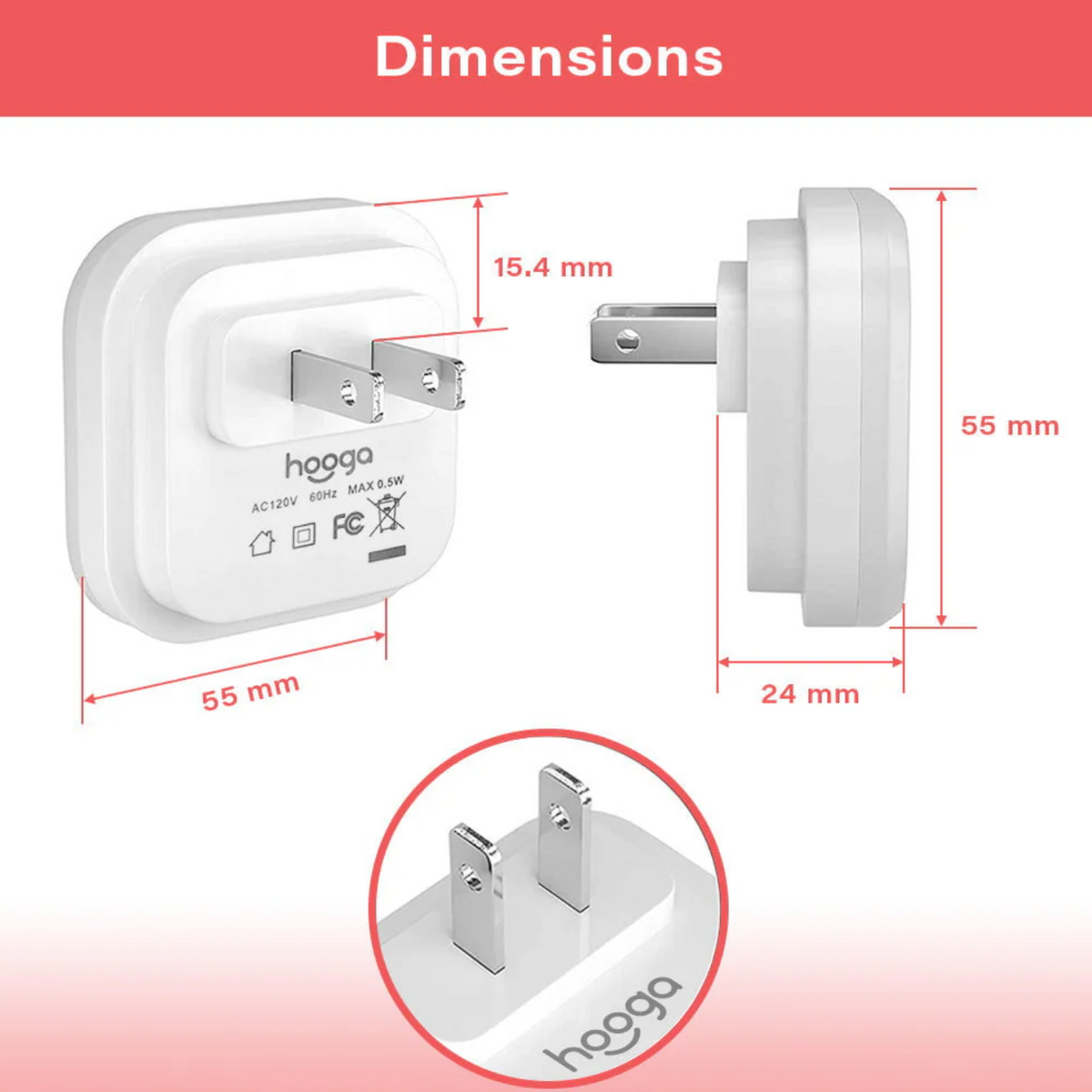 Dimensions of Hooga Amber Pug-in Night Lights.