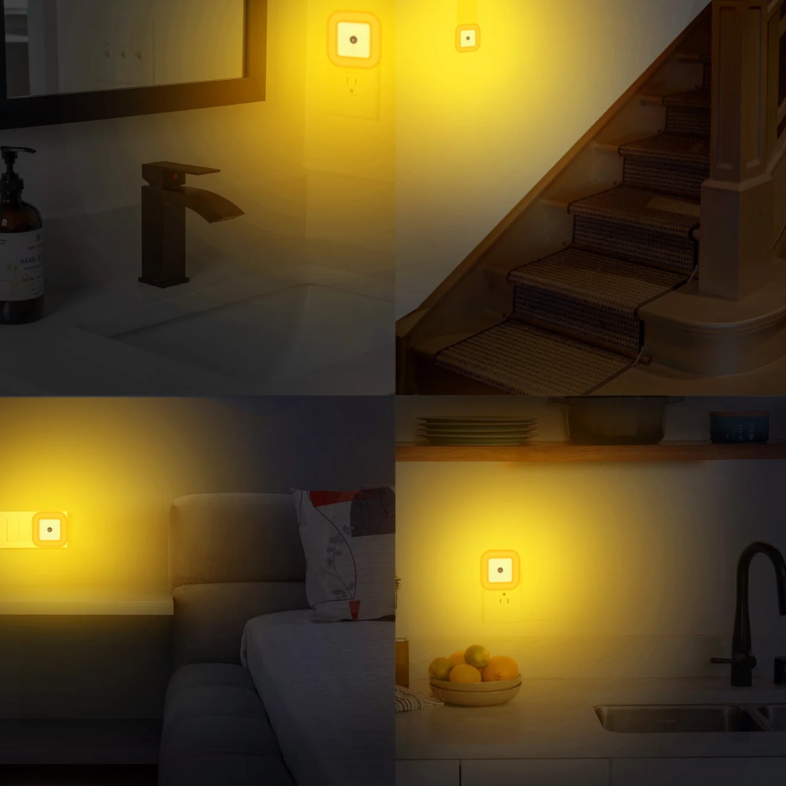 Hooga Amber Pug-in Night Lights being used in different places of a house (stairs, bathroom, bedroom, kitchen).