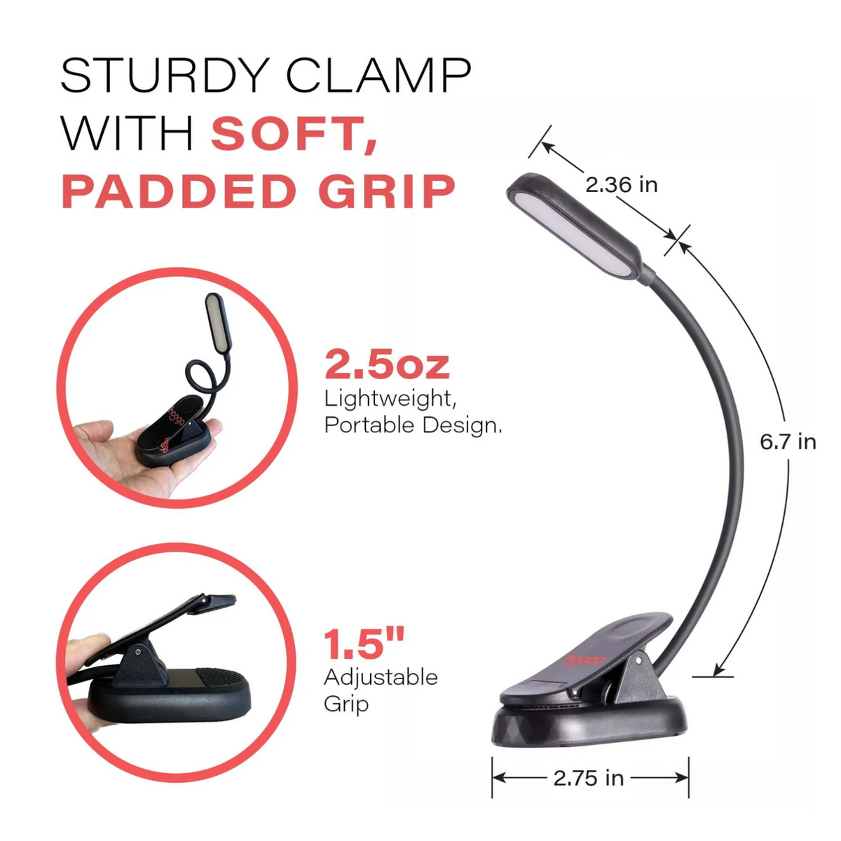 Dimensions of Hooga Amber &amp; Red Clip-On Book Light.