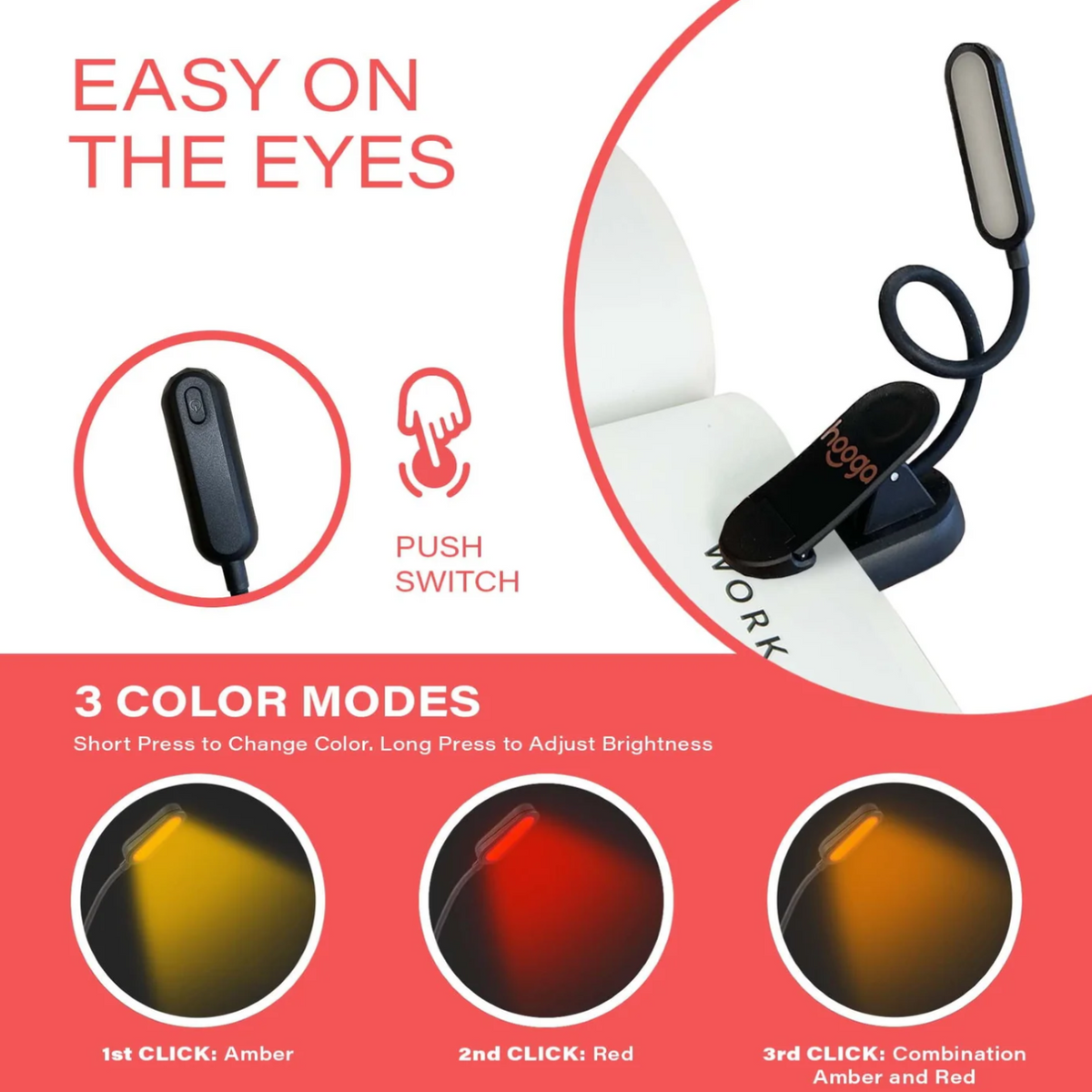 Easy on eyes with Hooga Amber &amp; Red Clip-On Book Light.