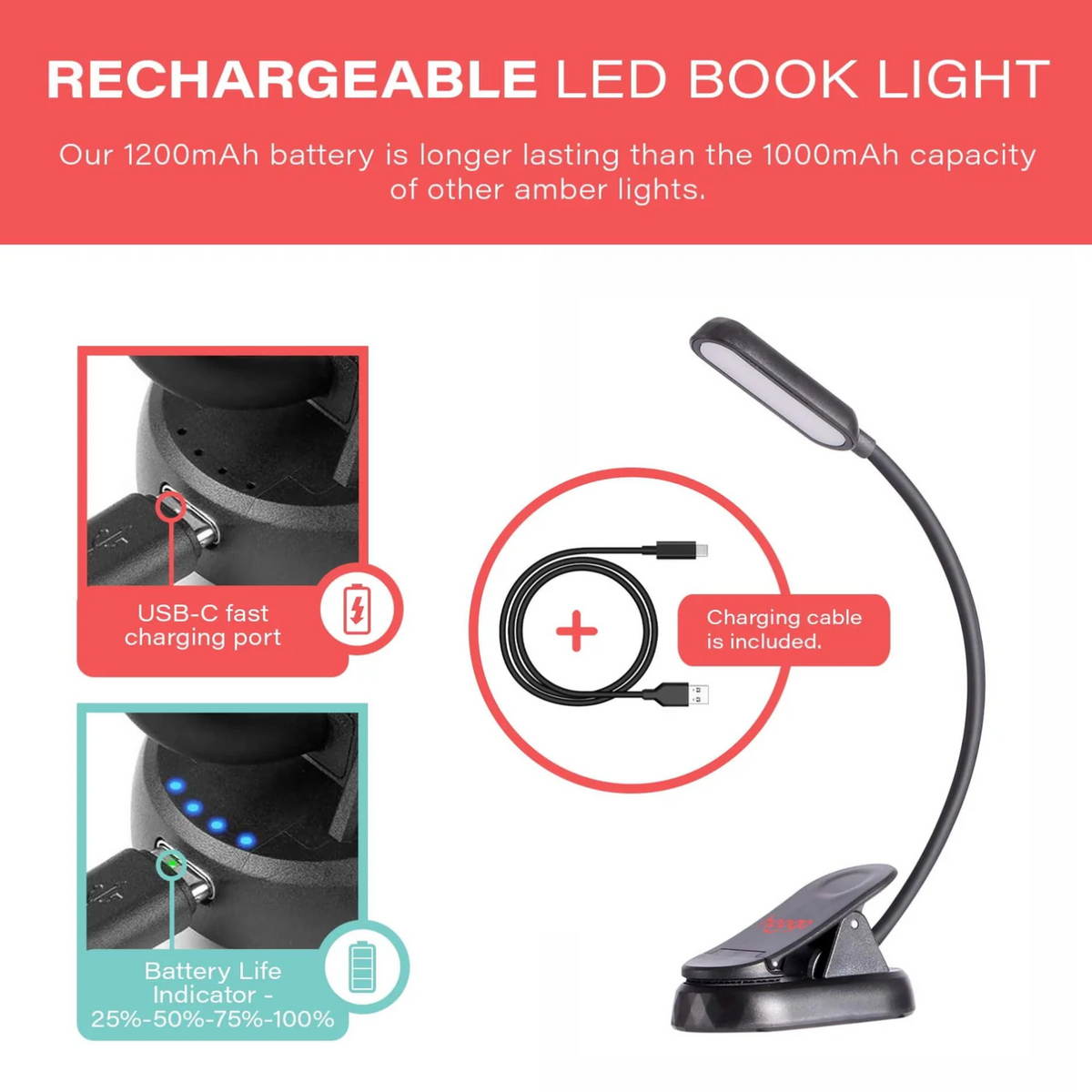 Features of Hooga Amber &amp; Red Clip-On Book Light.