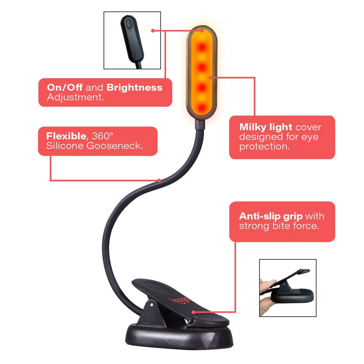 Features of Hooga Amber &amp; Red Clip-On Book Light, including on/off and brightness adjustment, flexible 360 silicone gooseneck, milky light cover designed for eye protection, and anti-slip grip with strong bite force.