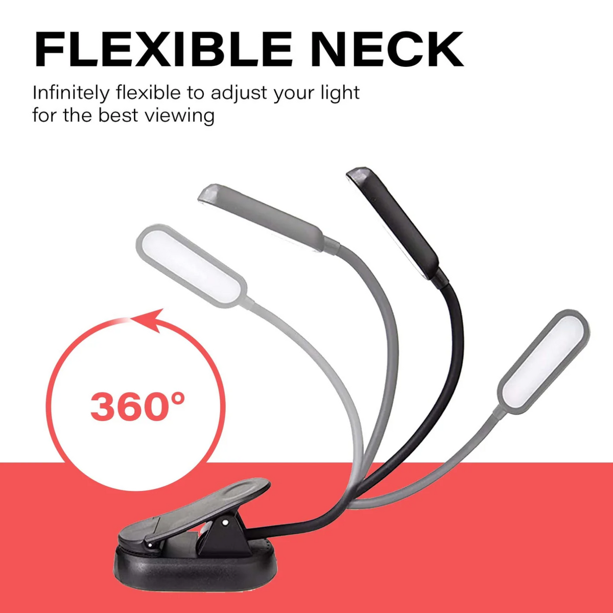 Flexible neck of Hooga Amber &amp; Red Clip-On Book Light.