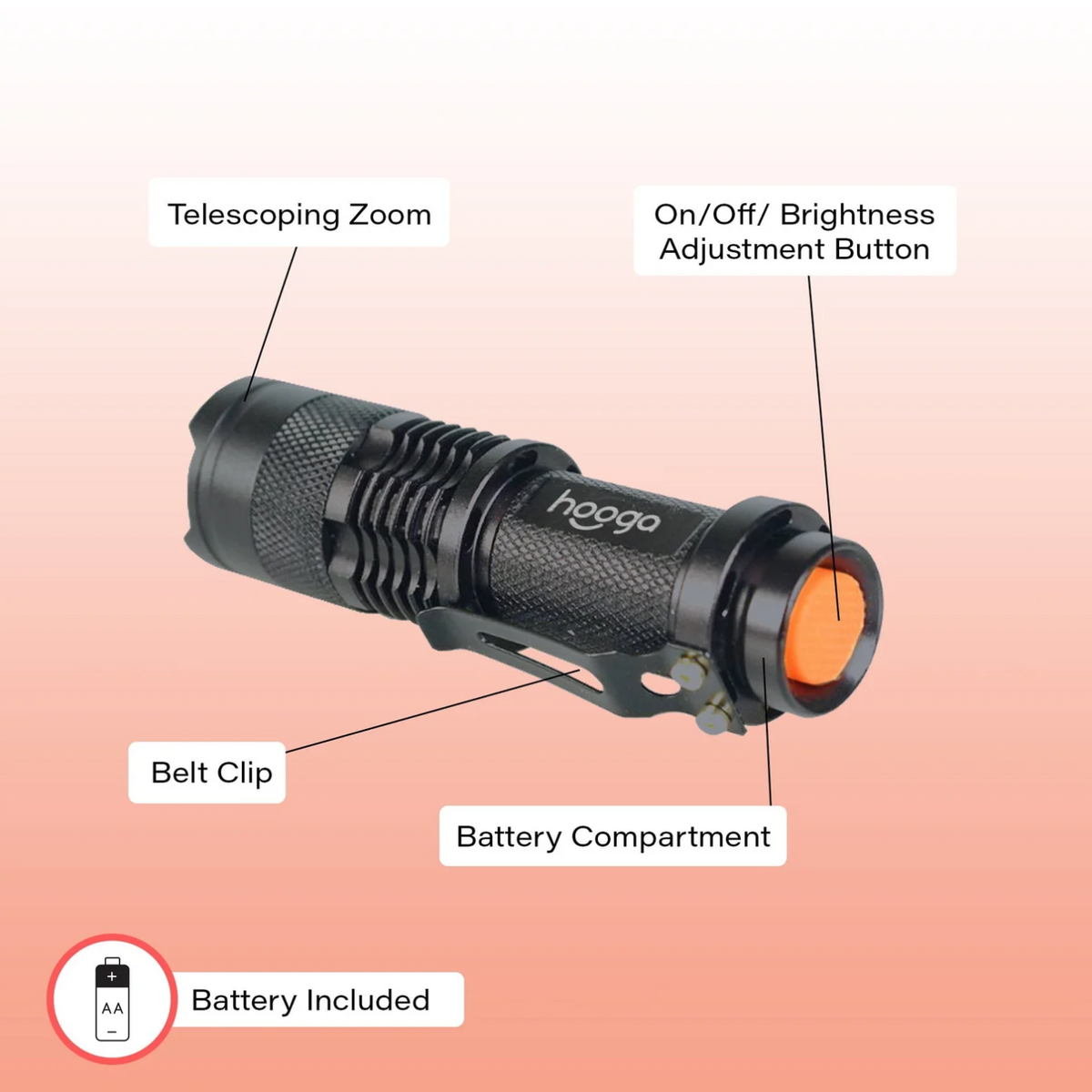 Features of Hooga Blue Blocking Amber Flashlight 2 Pack, including telescoping zoom, belt clip, on/off/brightness adjustment button, battery compartment and battery included.