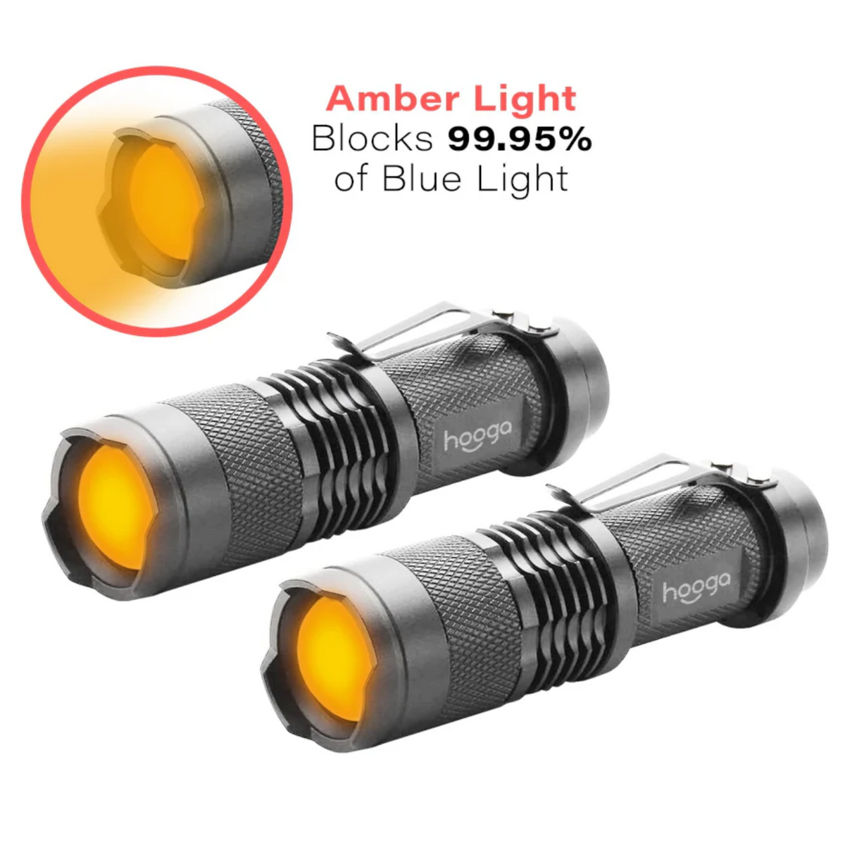 Main view of Hooga Blue Blocking Amber Flashlight 2 Pack. Amber light blocks 99.95% of blue light.