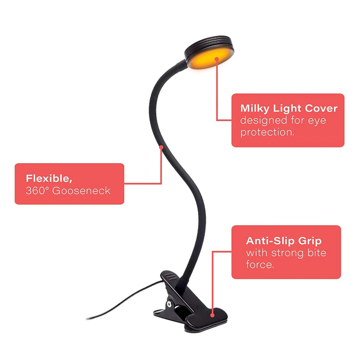 Features of Hooga Blue Blocking Amber LED Plug-in Clamp Light, including flexible 360 gooseneck, milky light cover designed for eye protection, and anti-slip grip with strong bite force.