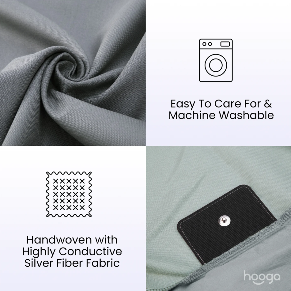 Features of Hooga Grounding Sheet, including easy to care for, machine washable, and handwoven with highly conductive silver fiber fabric.