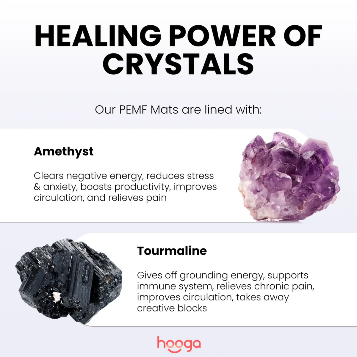 Healing power of Amethyst and Tourmaline crystals of the Hooga Infrared Pemf Chair Mat.