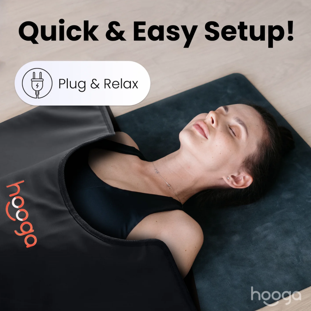 A woman using a Hooga Infrared Sauna Blanket. Quick and easy setup. Plug and relax.