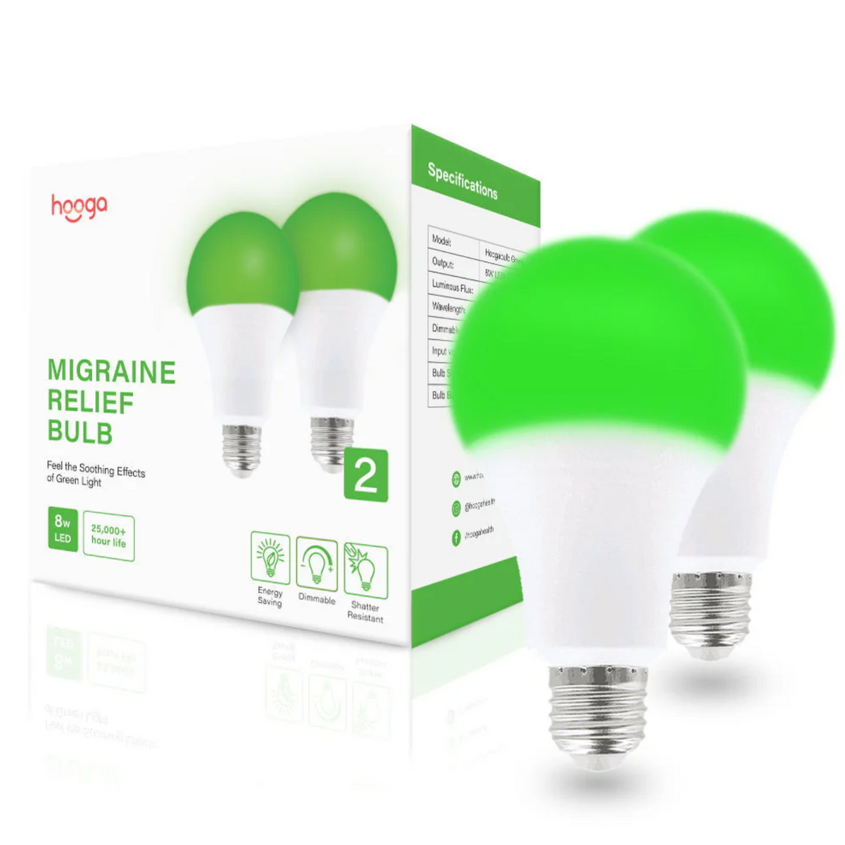 Hooga Migraine Relief Green Light Bulb 2-pack with box.