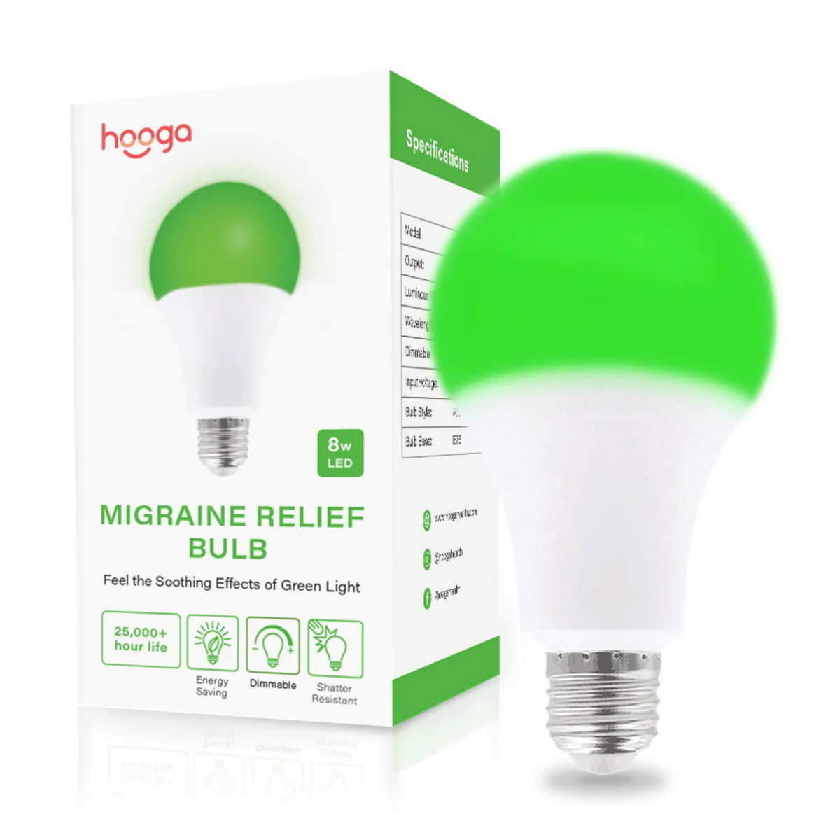 Hooga Migraine Relief Green Light Bulb single with box.