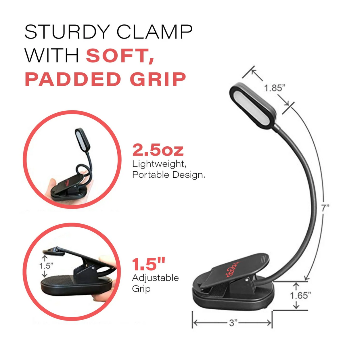 Dimensions of Hooga Red Clip-On Book Light.