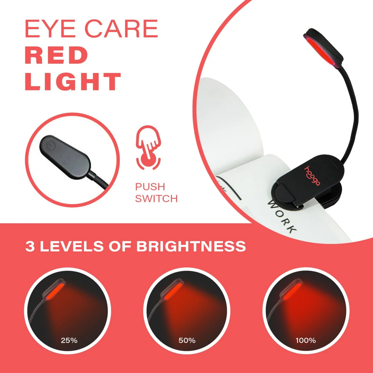 Features of Hooga Red Clip-On Book Light, including 3 levels of brightness and eye care.