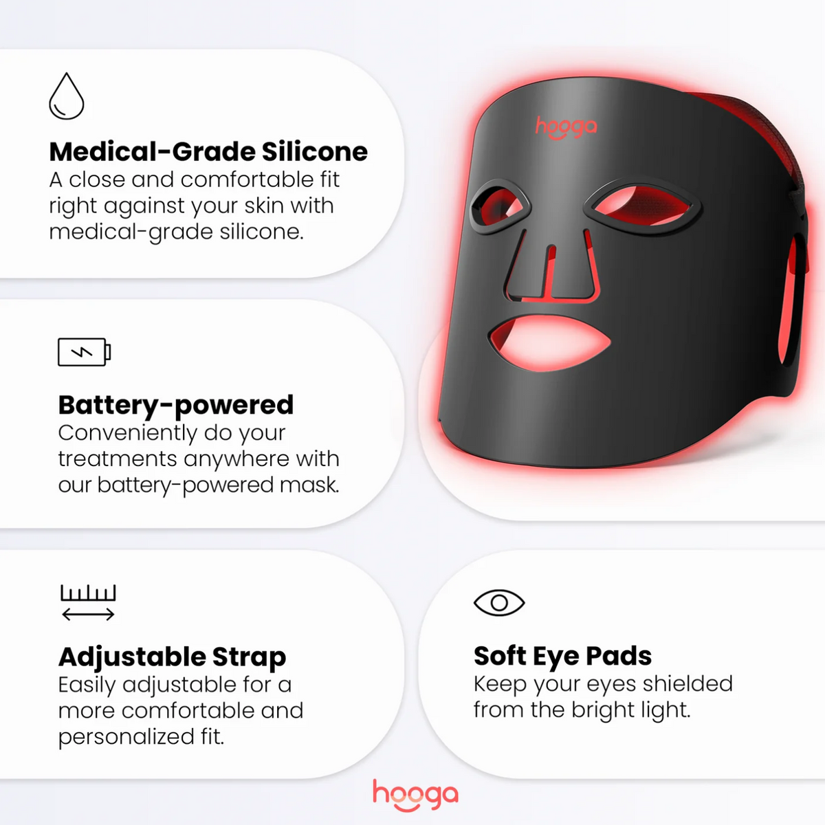 Features of Hooga Red Light Therapy Face Mask, including medical-grade silicone, battery-powered, adjustable strap and soft eye pads.