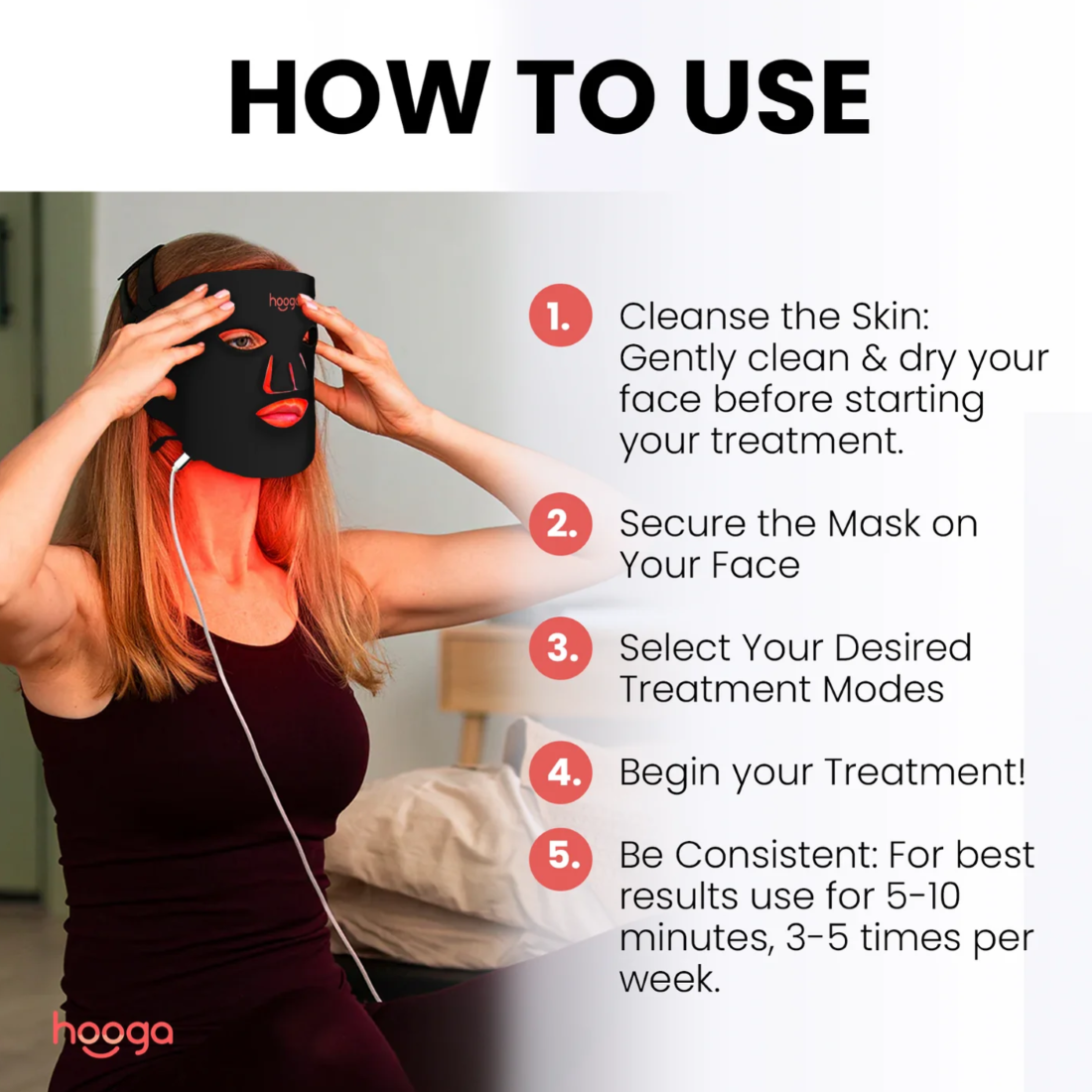 Instructions on how to use Hooga Red Light Therapy Face Mask.