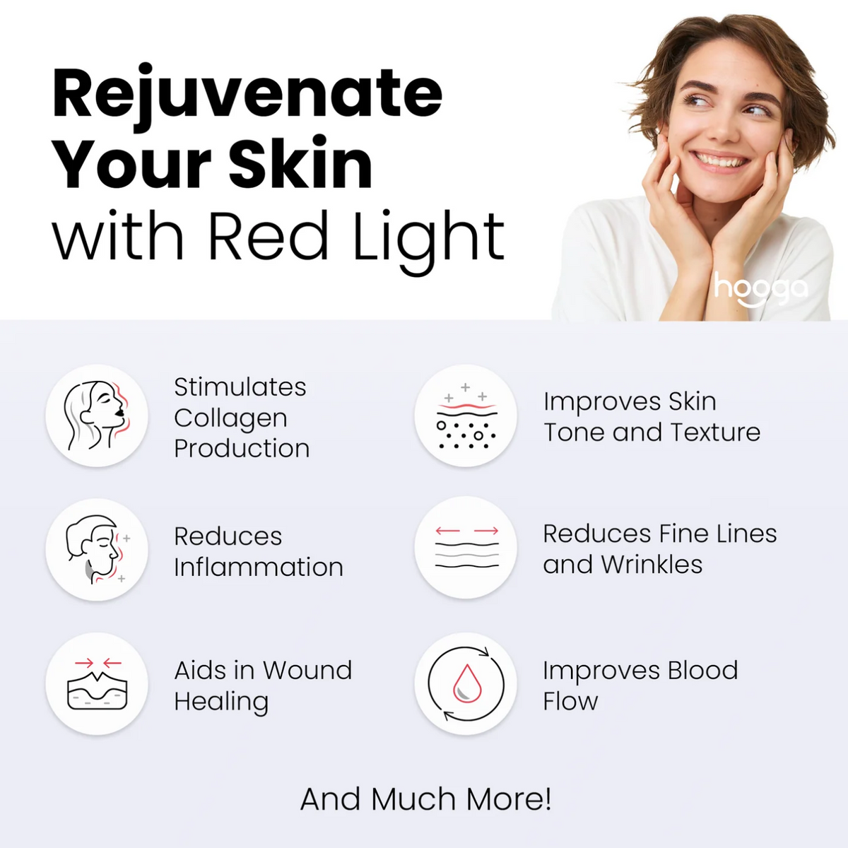 Skin benefits with the regular use of Hooga Red Light Therapy Face Mask.