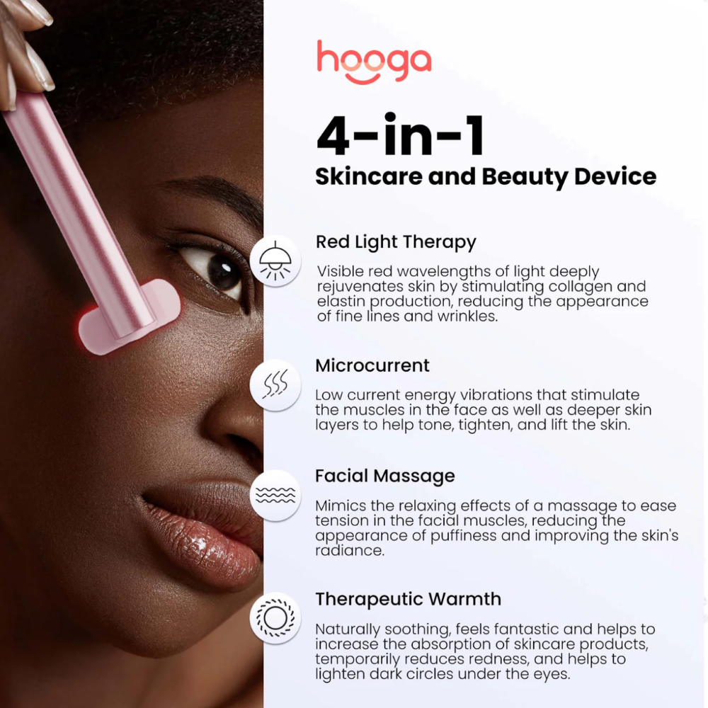 Hooga Red Light Therapy Facial Wand, 4-in-1 skincare and beauty device: red light therapy, microcurrent, facial massage and therapeutic warmth.