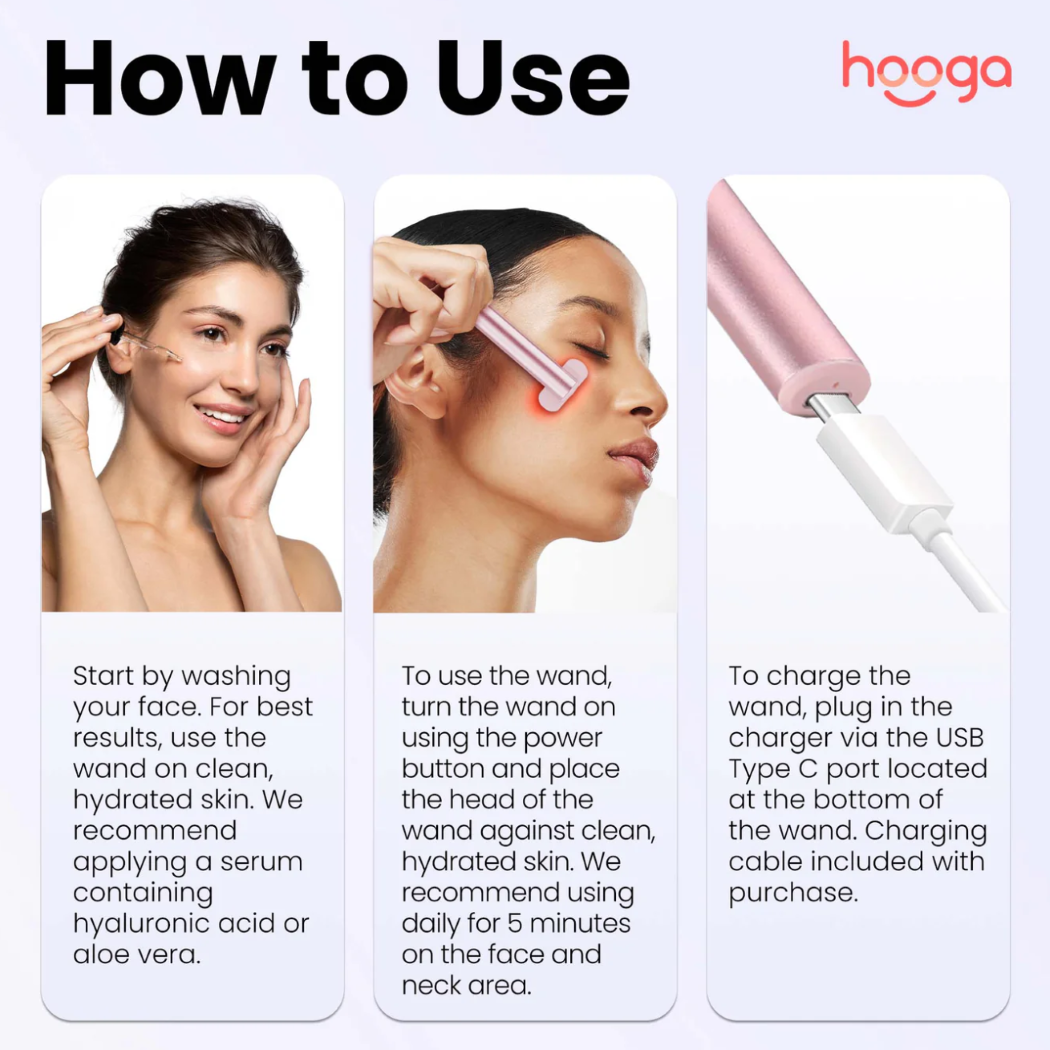 Instructions on how to use the Hooga Red Light Therapy Facial Wand.