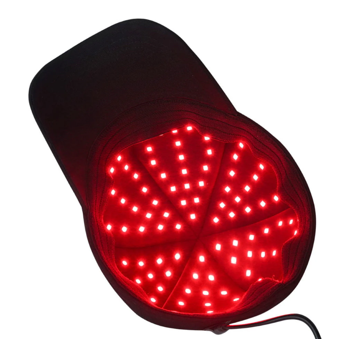 Interior view of Hooga Red Light Therapy Hat with the LEDs on.