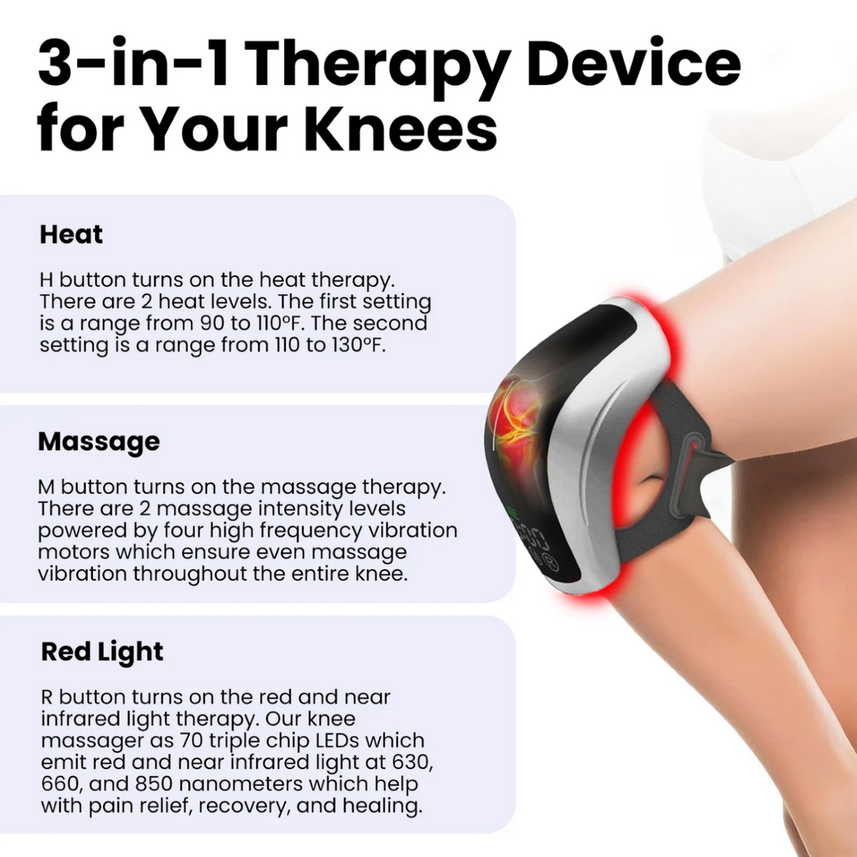 Heat, massage and red light functions of Hooga Red Light Therapy Knee Massager.