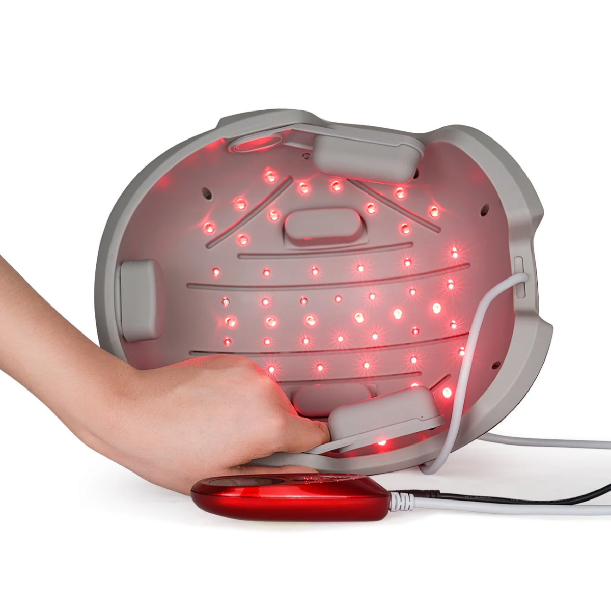 Interior view of Hooga Red Light Therapy Laser Helmet with the LEDs on.