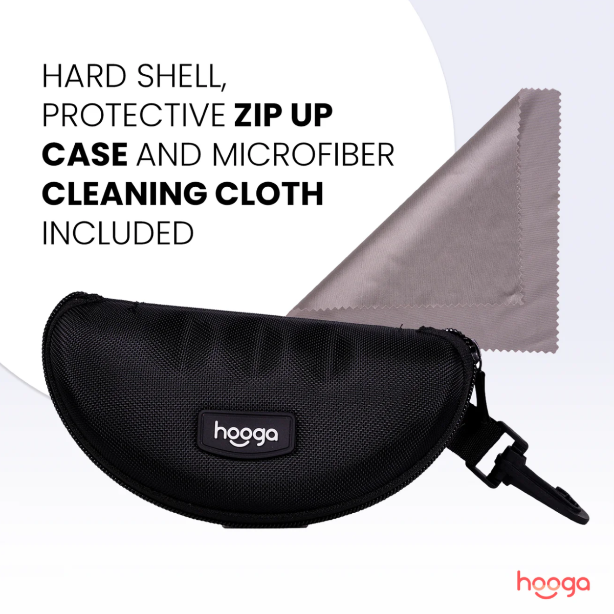 Hard shell protective zip up case and microfiber cleaning cloth included with Hooga Red Light Therapy Protective Glasses.