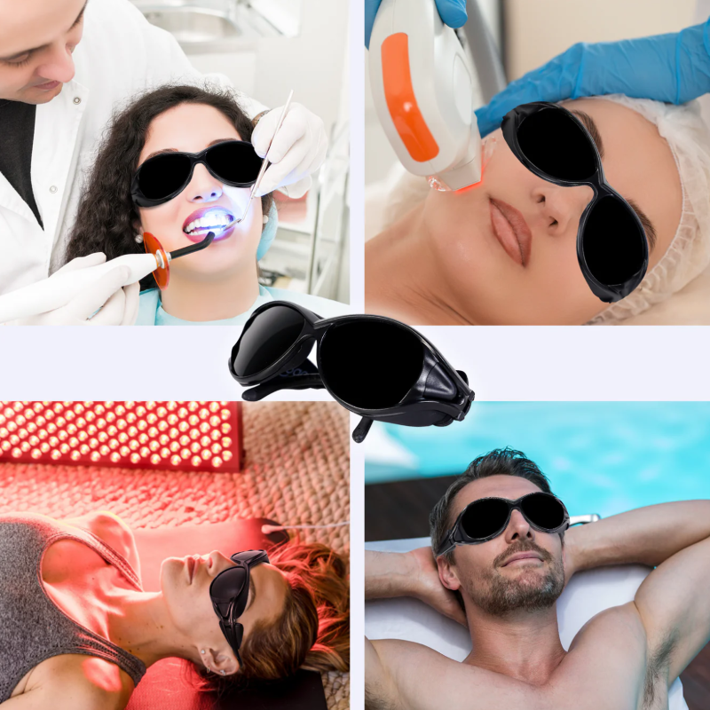 Multiple people using Hooga Red Light Therapy Protective Glasses while having a red light therapy session.