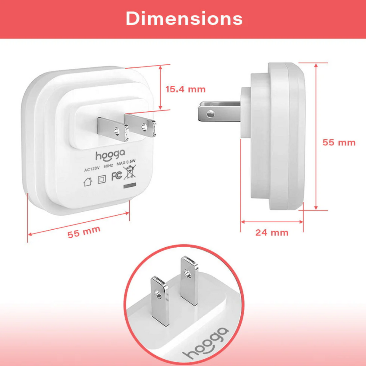 Dimensions of Hooga Red Plug-in Night Lights 6pk.