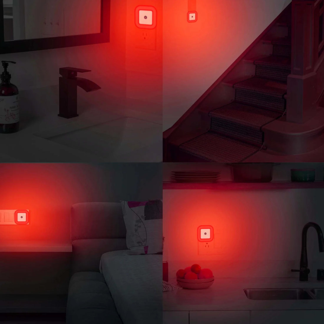 Hooga Red Plug-in Night Lights 6pk being used in multiple places of a house (bathroom, stairs, bedroom, kitchen).