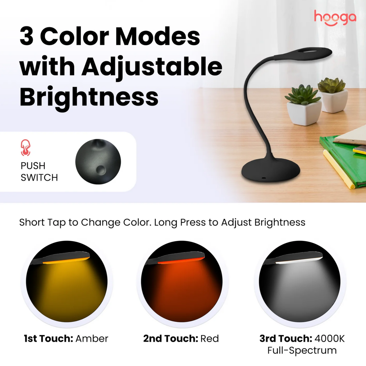 3 color modes with adjustable brightness available with Hooga Tri-Color Desk Lamp.