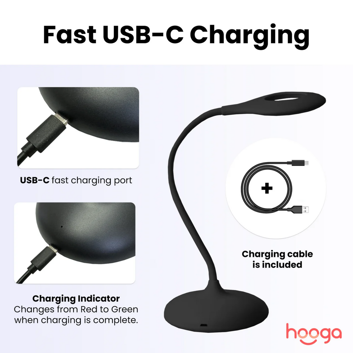 Fast USB-C Charging of Hooga Tri-Color Desk Lamp.