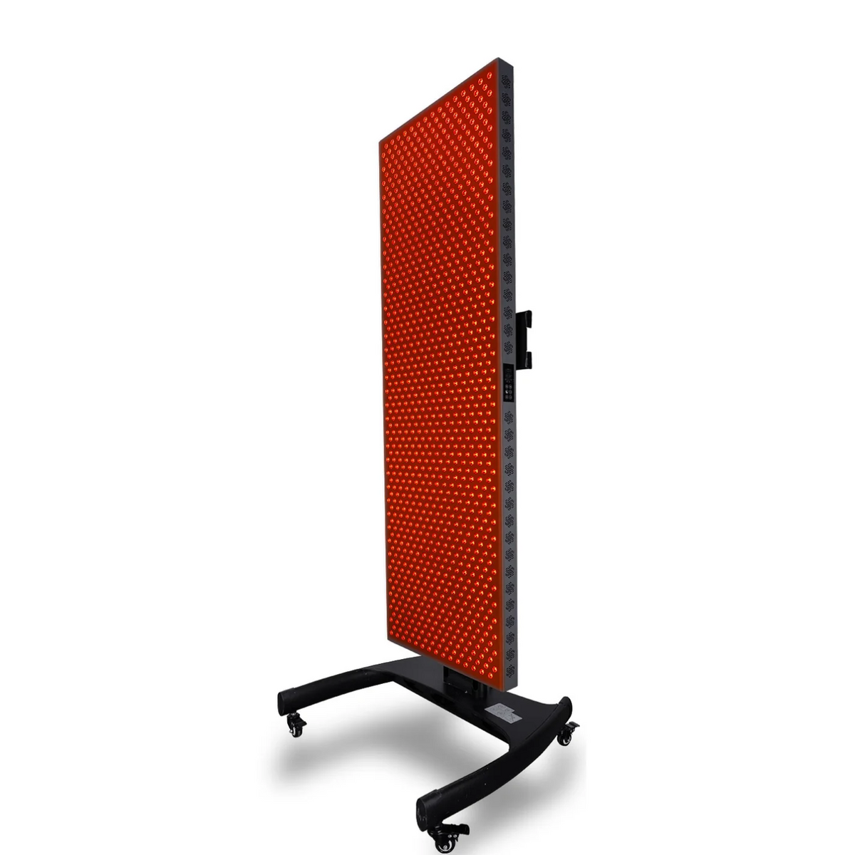 Right side view of Hooga ULTRA5400 Red Light Therapy Panel with the lights on.